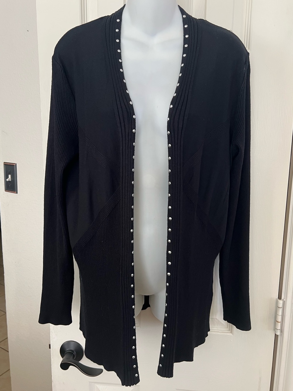 Allison Daley Black Open-Front Cardigan Duster with Silver Stud Trim M
